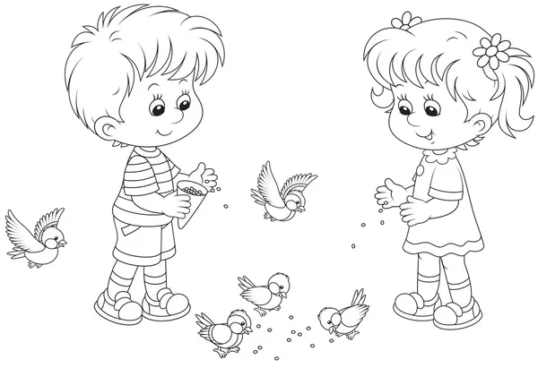 Αγόρι και κορίτσι ζωοτροφών πουλιά — Διανυσματικό Αρχείο