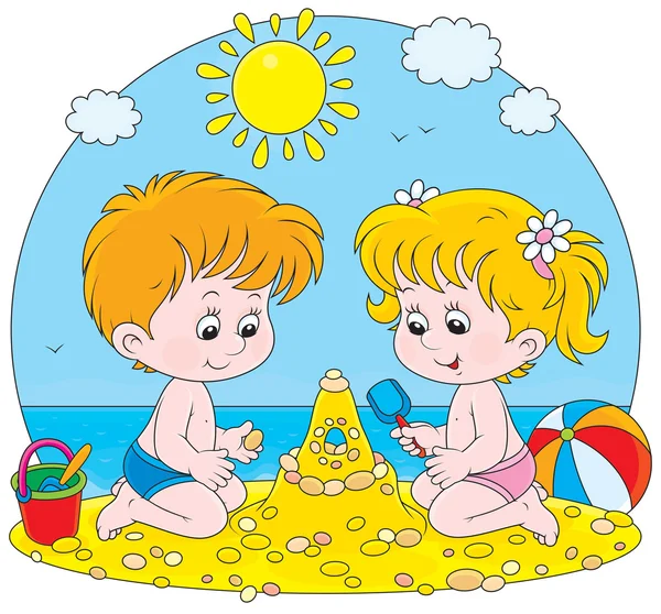 Τα παιδιά παίζουν σε μια παραλία — Διανυσματικό Αρχείο