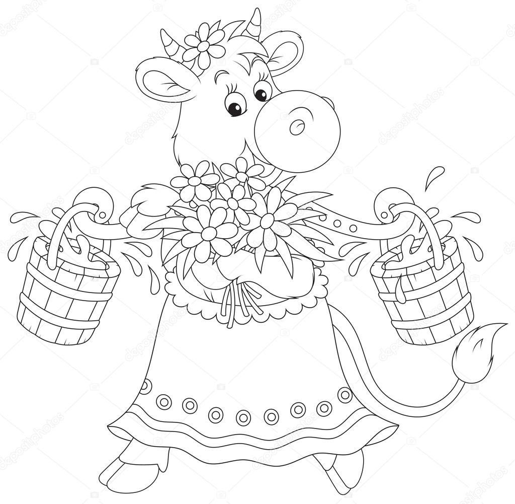 Mucca divertente camminare con una secchiata di illustrazione vettoriale di latte bianco e nero contorno per un libro da colorare — Vettoriali di