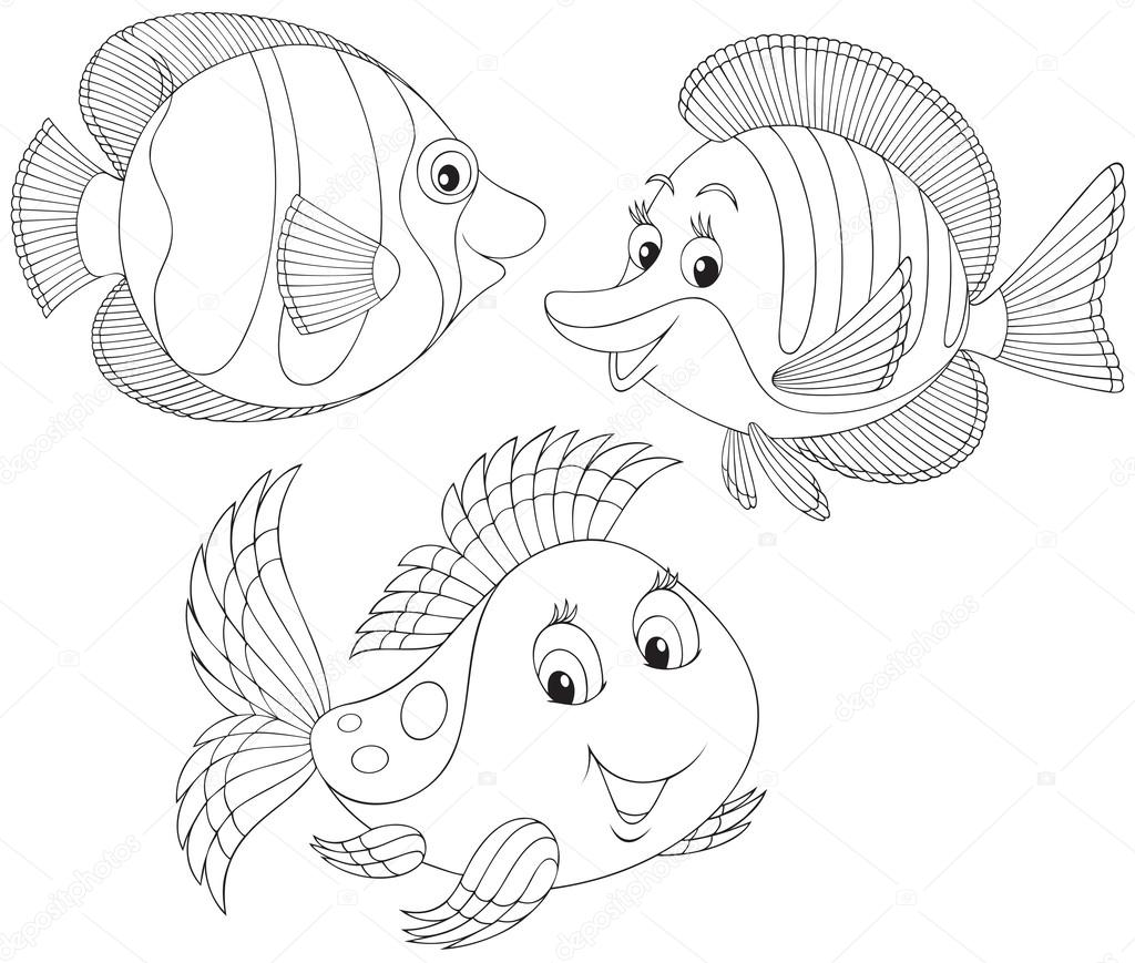 Giocattolo divertente pesci bianco e nero contorno vettoriale illustrazioni per un libro da colorare — Vettoriali di AlexBannykh