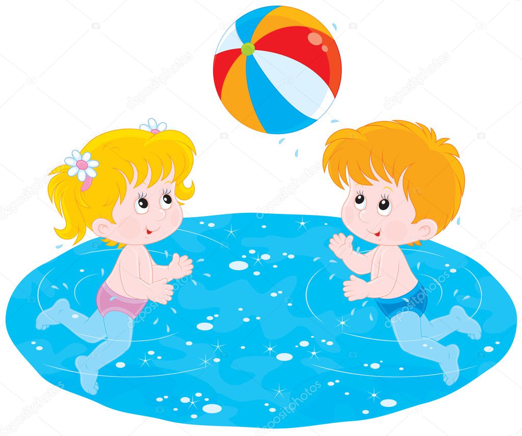 Children play a ball in water