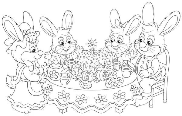 Easter bunnies at the festive table — Stock Vector