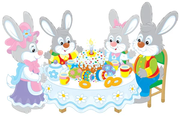 Easter bunnies at the festive table — Stock Vector