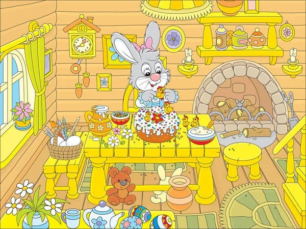 Великодній кролик готує святковий торт — стоковий вектор