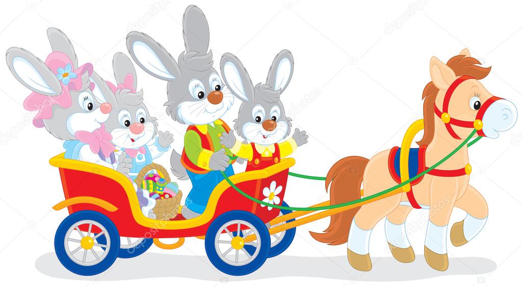 Easter bunnies riding a pony carriage