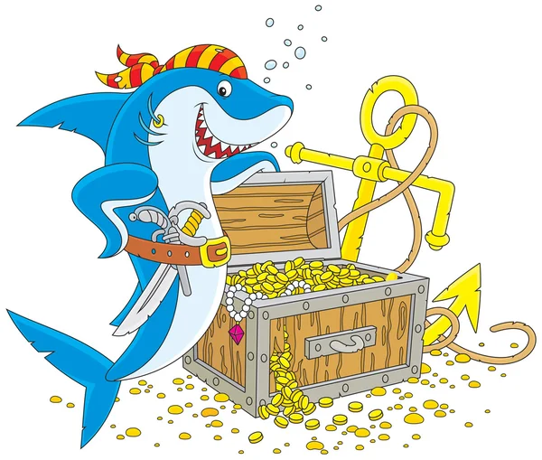 Pirate shark with a treasure chest — Stock Vector