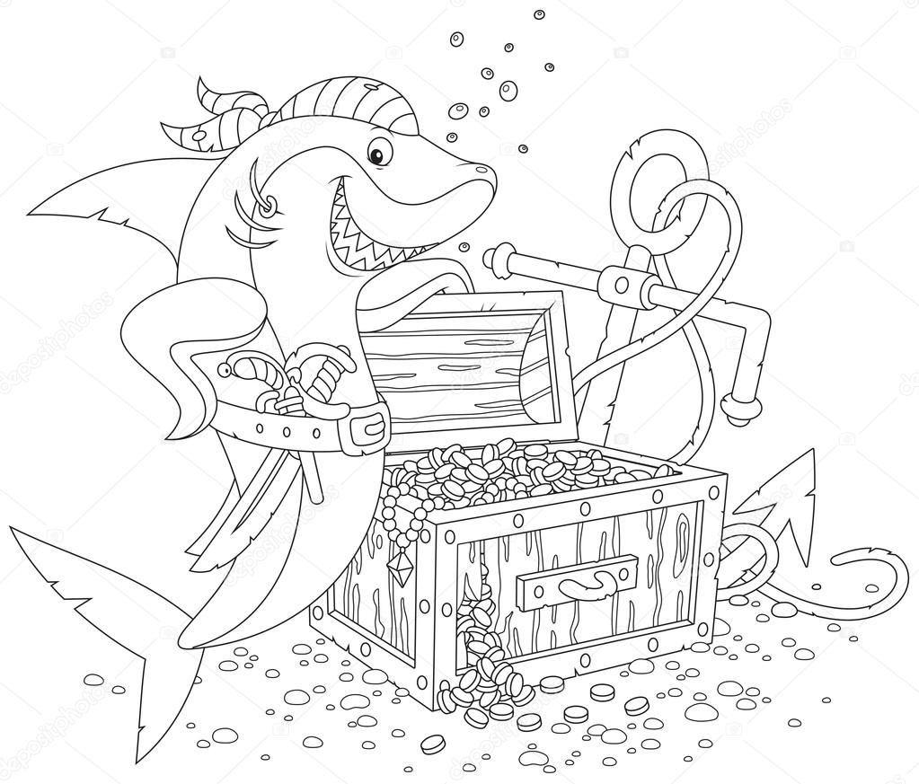 Pirate shark with a treasure chest