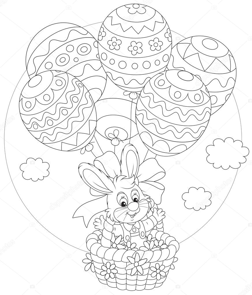 Easter Bunny flies with balloons