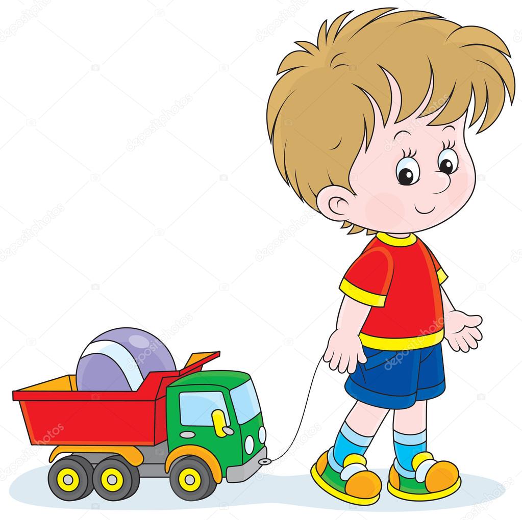 Boy walking with toys