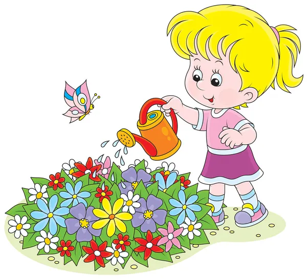 Girl watering flowers — Stock Vector