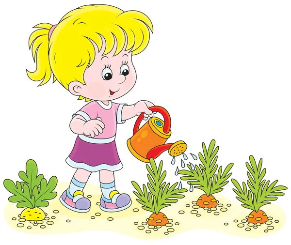 Chica regando zanahorias — Vector de stock