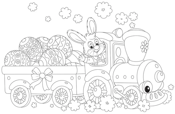 Bunny carries Ester eggs by train — Stock Vector