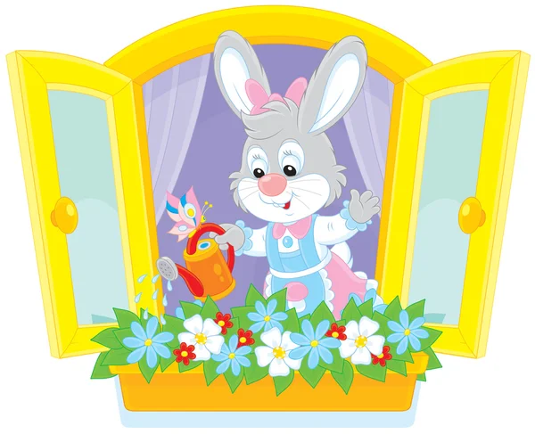 Easter Bunny watering flowers — Stock Vector