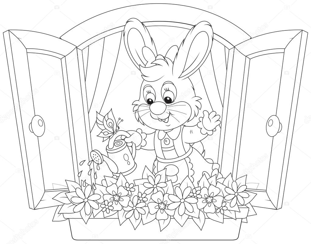 Easter Bunny watering flowers