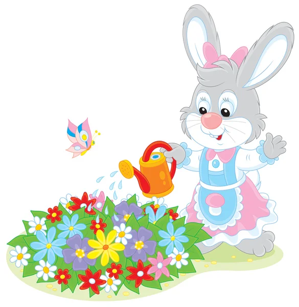 Easter Bunny watering flowers — Stock Vector