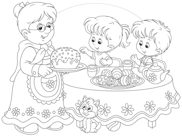 Granny and grandchildren celebrate Easter — Stock Vector