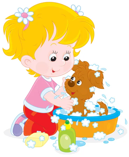 Girl washing a puppy — Stock Vector