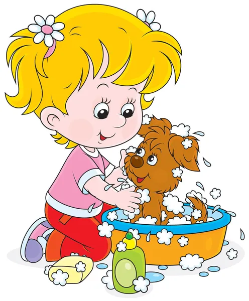 Girl washing a puppy — Stock Vector