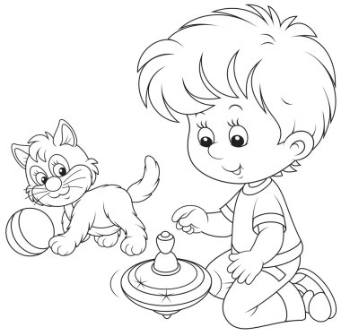 Çocuk bir kalkış ve yavru kedi ile çalış