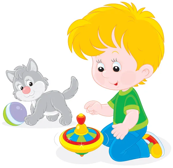 Boy plays with a whirligig and kitten — Stock Vector