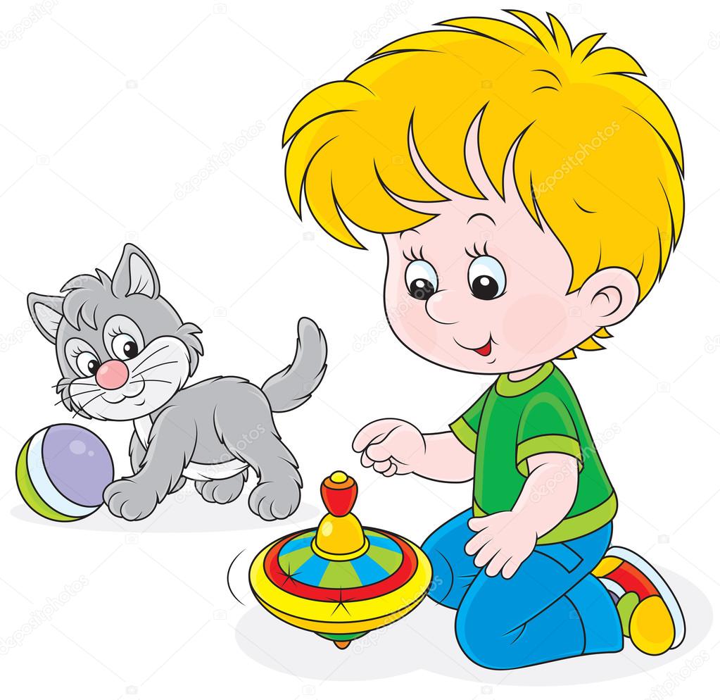 Boy plays with a whirligig and kitten