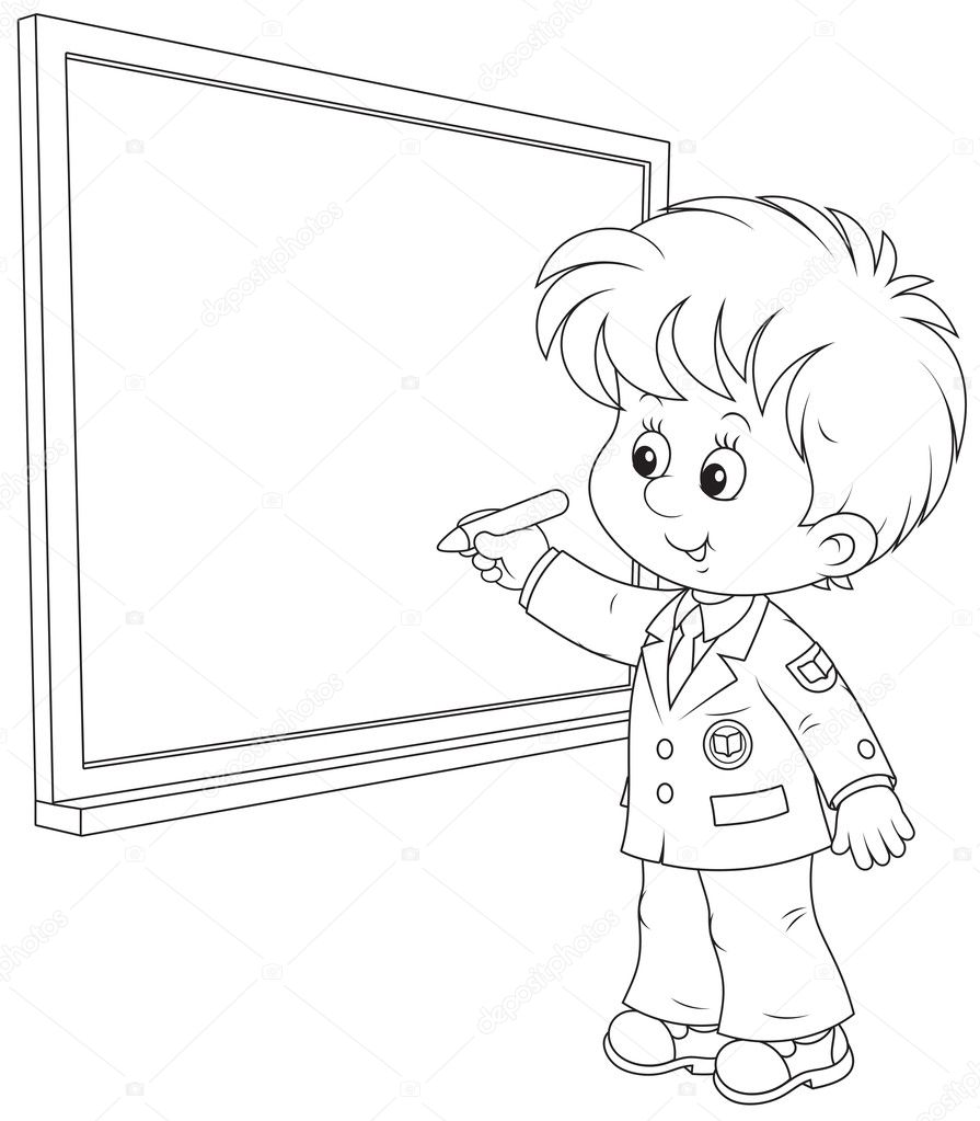 Schoolboy writes on the blackboard