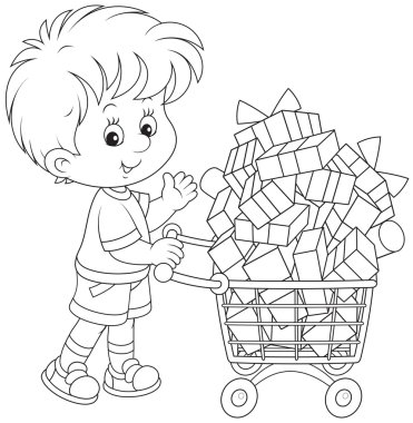 Boy with a shopping trolley of gifts clipart