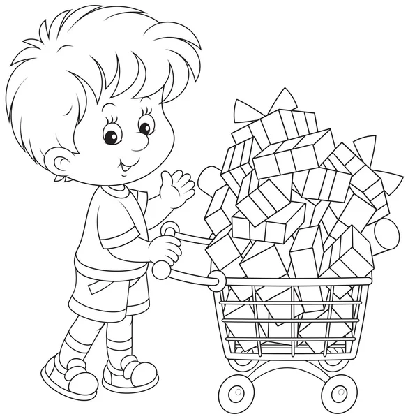 Niño con un carrito de compras de regalos — Vector de stock