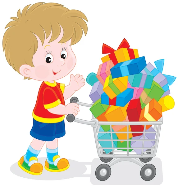 Boy with a shopping trolley of gifts — Stock Vector