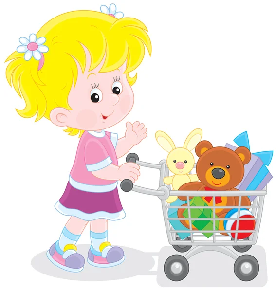 Menina com um carrinho de compras de brinquedos —  Vetores de Stock