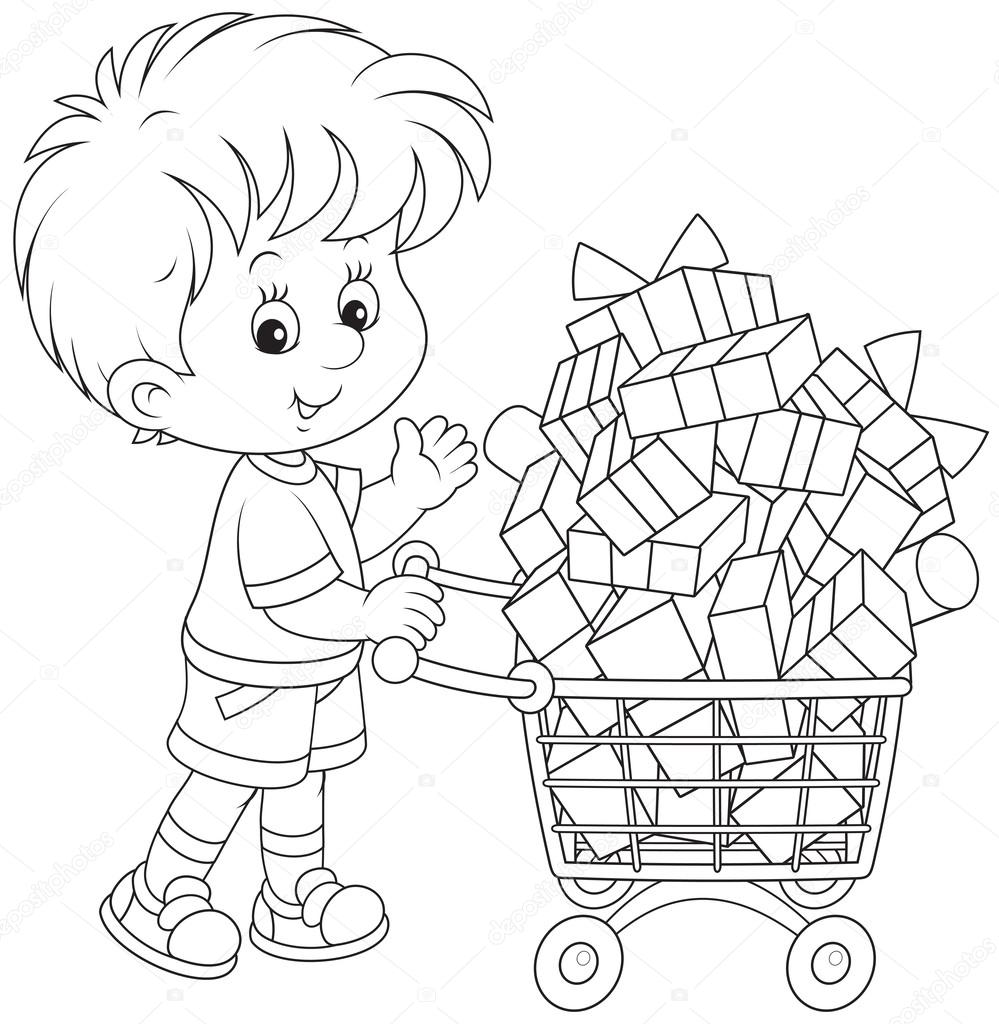 Jongen Met Een Winkelwagentje Van Geschenken Stockvector