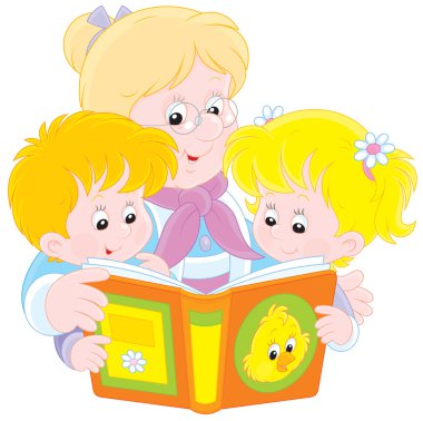 Grandma and grandchildren reading clipart