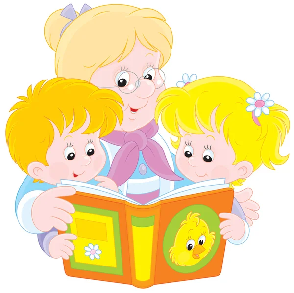 Abuela y nietos leyendo — Vector de stock