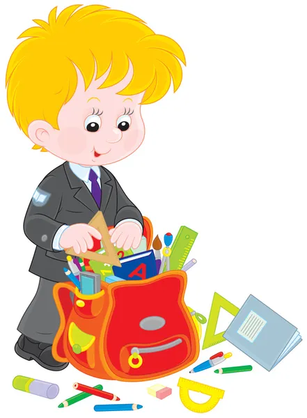 Schoolboy completing his schoolbag — Stock Vector