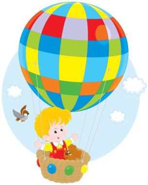 bir balon üzerinde uçan çocuk
