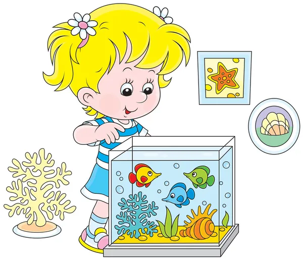 Girl looking at aquarium fishes — Stock Vector