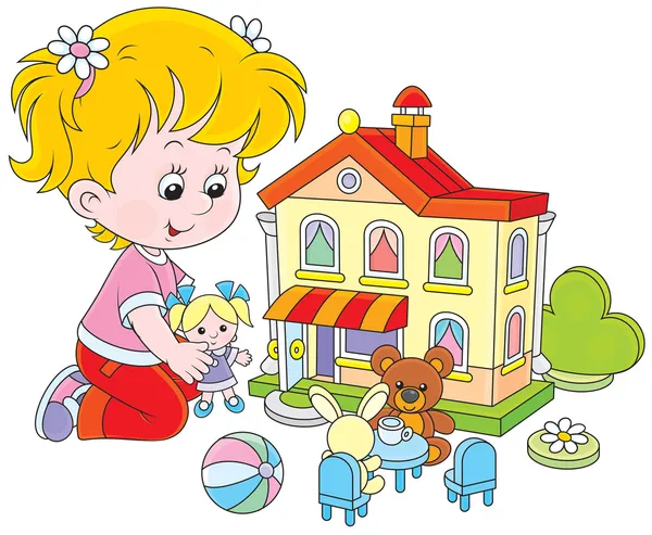 Chica con una casa de muñecas y juguetes — Vector de stock