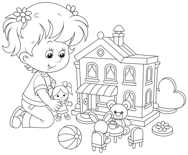 Chica con una casa de muñecas y juguetes — Vector de stock
