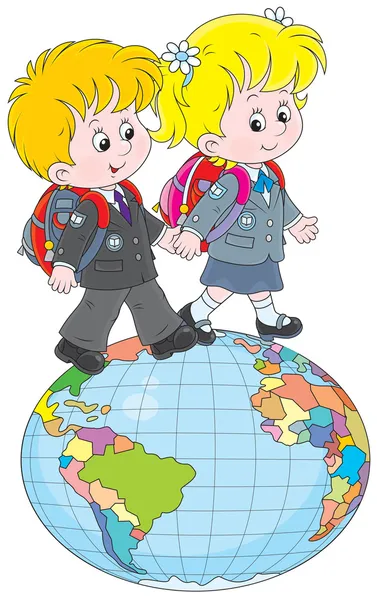 Les écoliers vont sur un globe — Image vectorielle