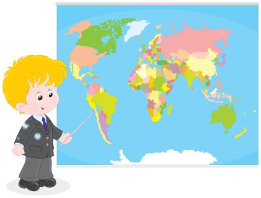 schooljongen op een wereldkaart