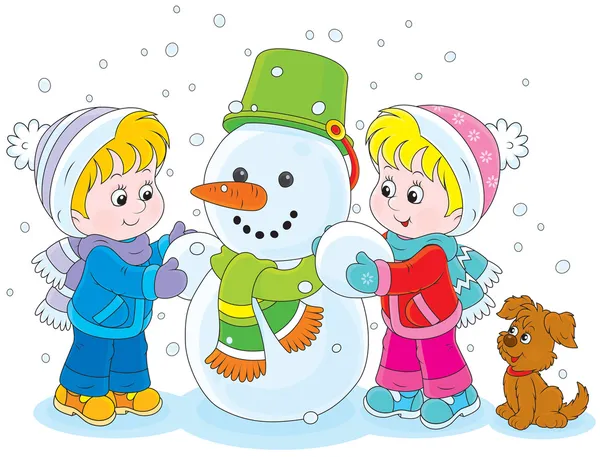 Niños haciendo un muñeco de nieve — Vector de stock