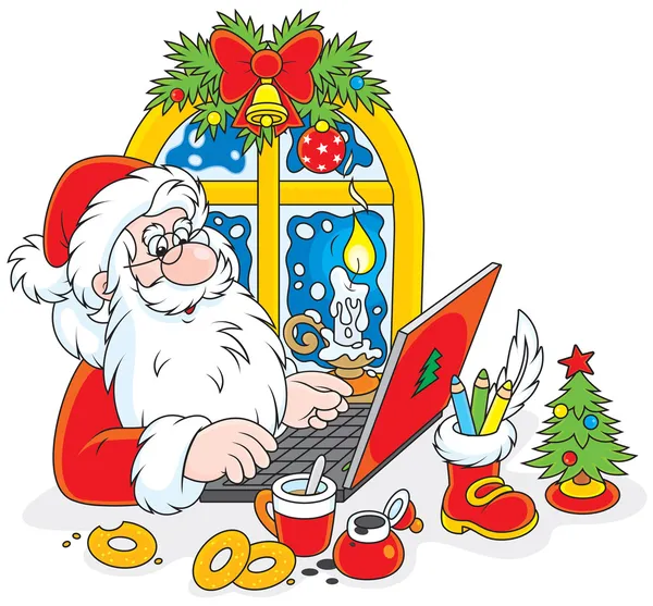 Weihnachtsmann mit seinem Laptop — Stockvektor
