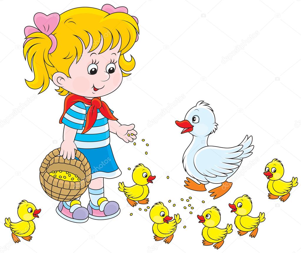 Girl feeding ducklings