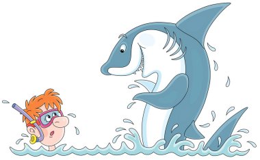 Maskeli ve şnorkel yüzen cesur bir dalgıcın tehlikeli macerası. Tropikal bir denizde beyaz köpekbalığının yanında. Beyaz arka planda izole edilmiş vektör karikatür çizimi.