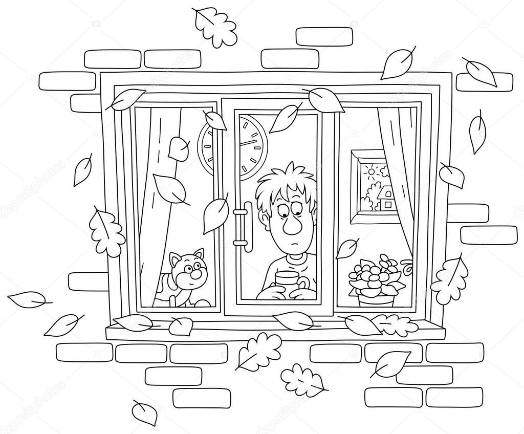 Sad boy and his funny cat looking out of a window with flying autumn leaves, black and white outline vector cartoon illustration for a coloring book page
