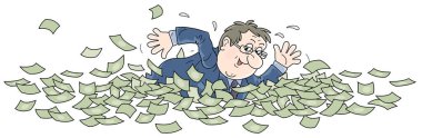 Mutlu şişman, şanslı iş adamı para denizinde debeleniyor. Beyaz arka planda vektör karikatür çizimi.