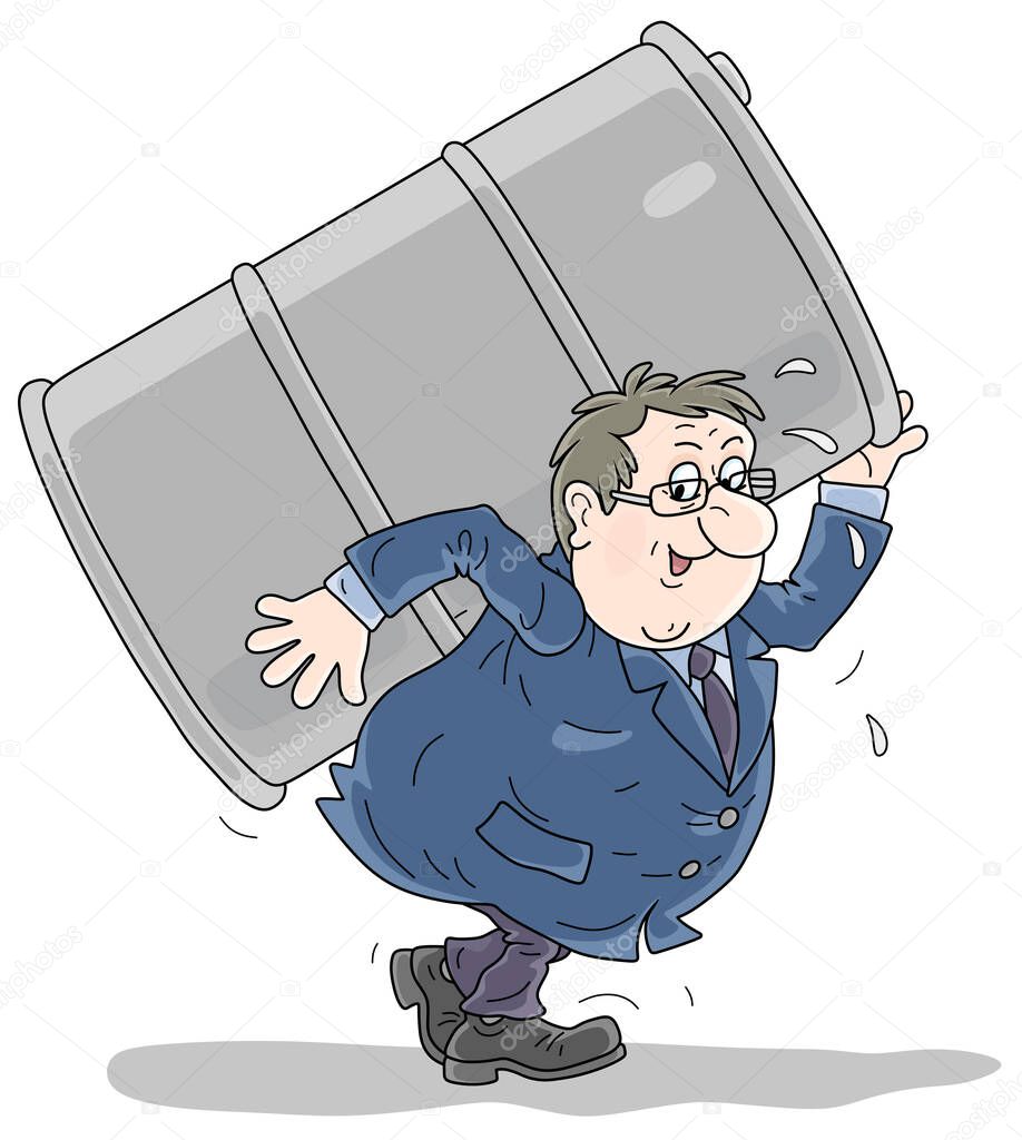 Funny businessman carrying a big and heavy oil barrel, vector cartoon illustration on a white background