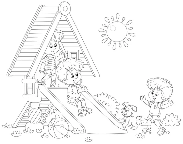 Niños Pequeños Felices Jugando Una Diapositiva Colorida Del Juguete Patio — Vector de stock