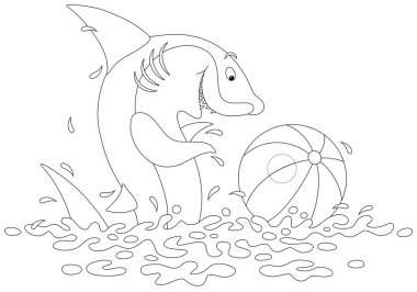 Komik köpekbalığı tropikal bir denizin dalgalarında debeleniyor ve boyama kitabı sayfası için siyah beyaz çizgili çizgili bir top oynuyor.