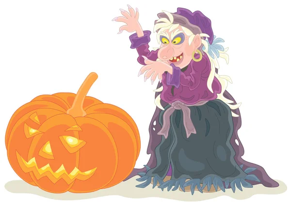 Bruxa Irritada Praticando Bruxaria Uma Grande Abóbora Terrível Halloween Com — Vetor de Stock